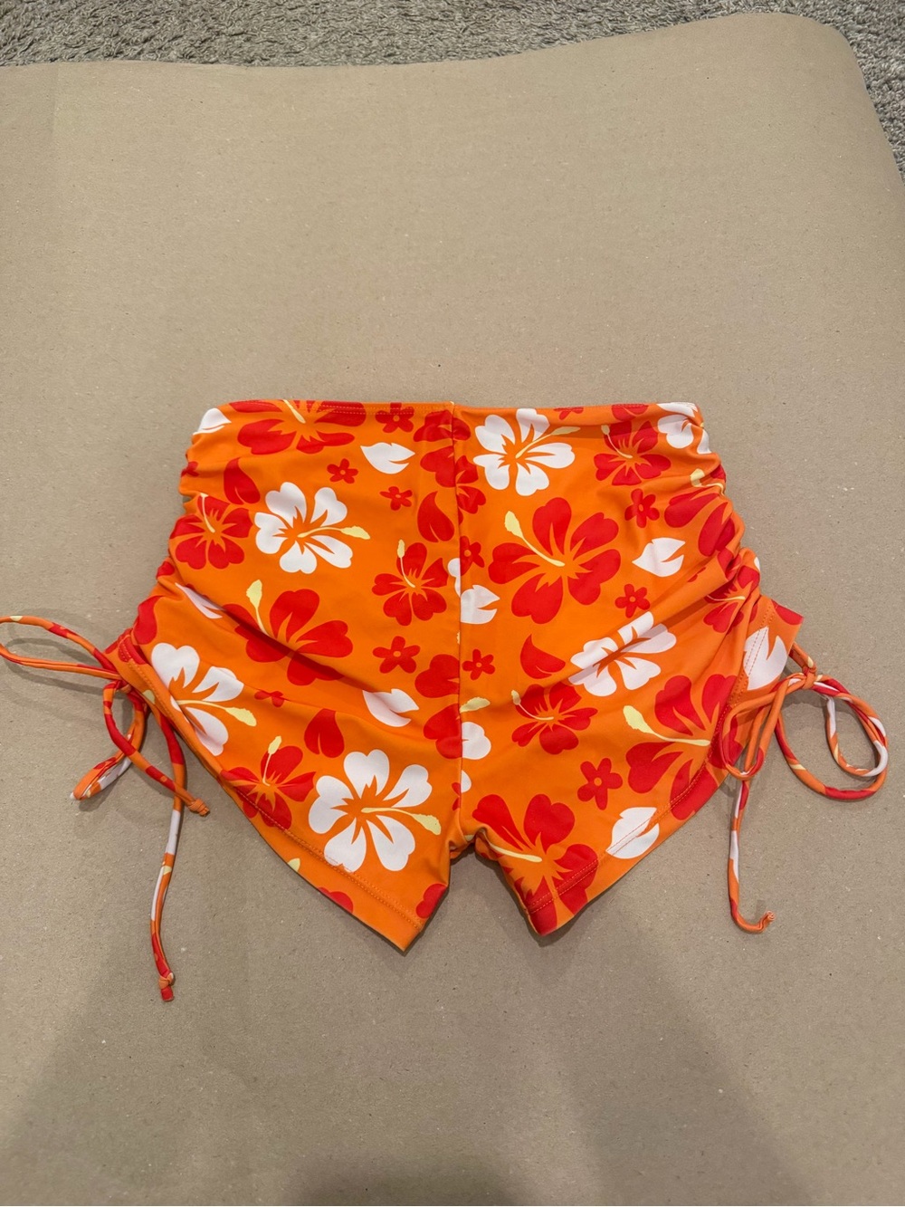 Orange Tropical Hibiscus Floral Ruched Side Swim Shorts Medium